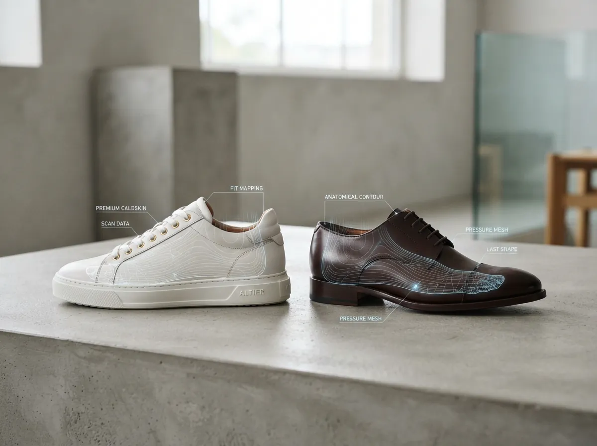 Luxury leather sneaker and formal derby shoe with 3D anatomical foot contour scan lines