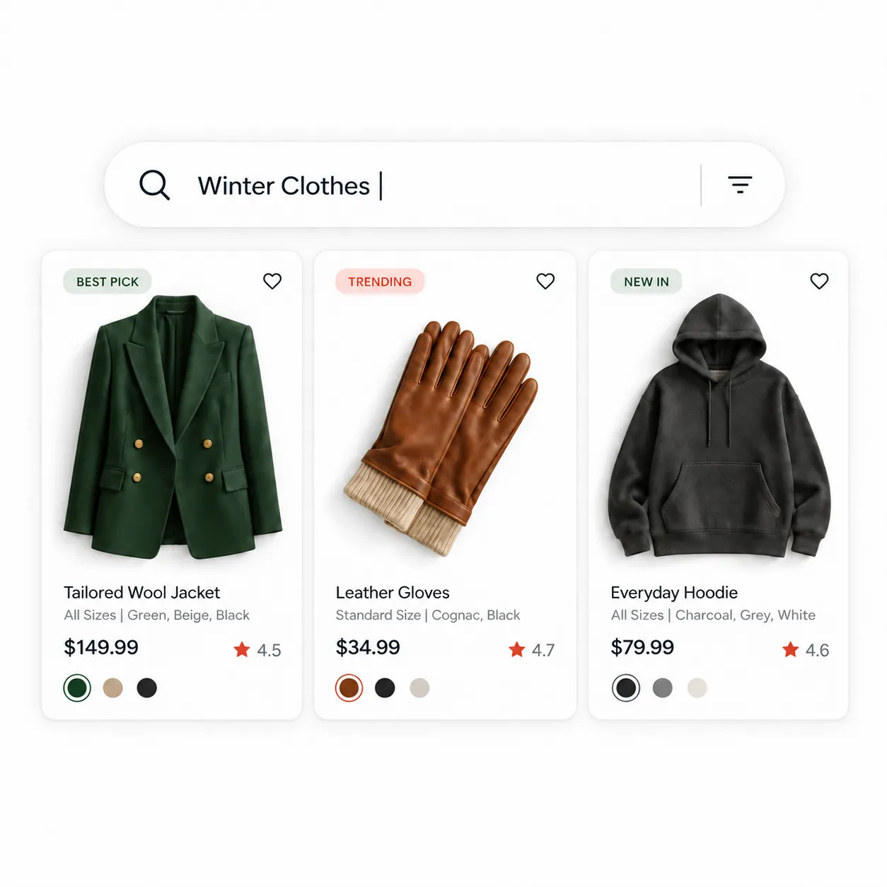 Fashion products with size, styling and material guidance